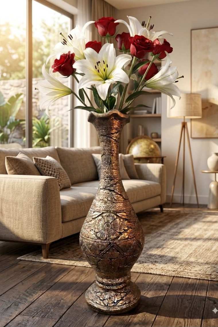 Hand-carved decorative vase with lilies and roses