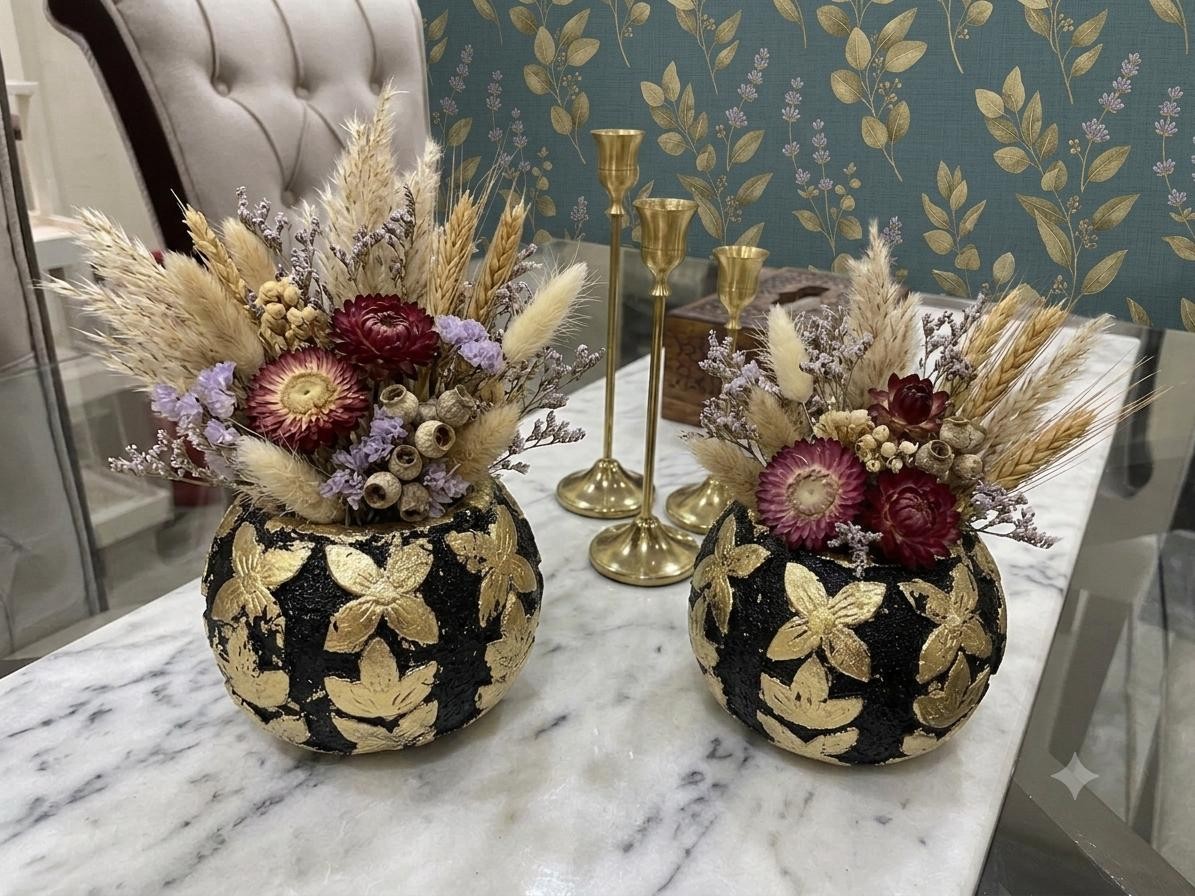 Golden-Black Floral Vase Pair